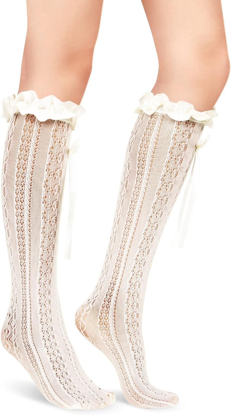 Benefeet Sox Womens Fishnet Knee High Socks White Black Lace Mesh Sexy Stockings Hollow Out Sheer Tube Calf Sock - Image 3